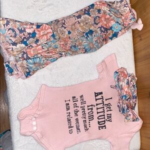 SHEIN Pink and Blue Floral Kids Bodysuit Set